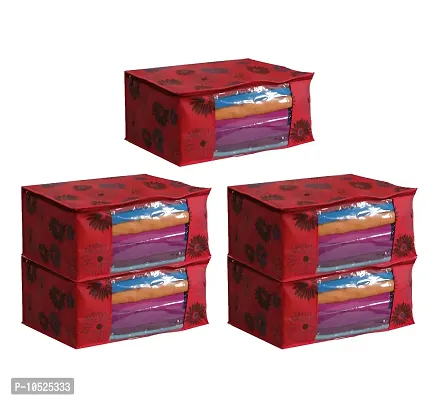 Designer Non-Woven Red Flower Saree Cover (Set Of 5)