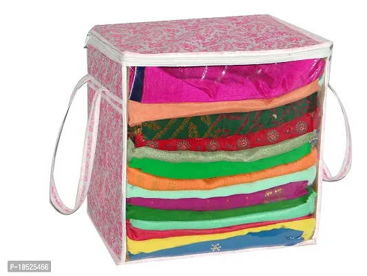 Non-Woven Fabric Pink Floral Print Front Transparent Window Multi Purpose Clothing, Saree and Suit Storage Bag With Zip- Pack Of 2-thumb2
