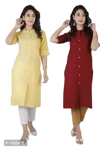 AARON INC Stand Coller Woman Cotton Plain Colour Kurti Pack of 2 Multicolour