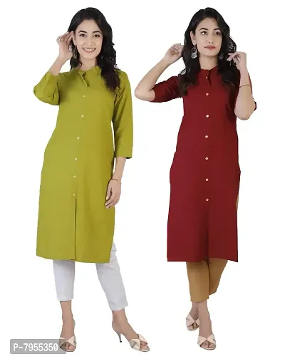 AARON INC Stand Coller Woman Cotton Plain Colour Kurti Pack of 2 Multicolour