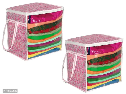 Non-Woven Fabric Pink Floral Print Front Transparent Window Multi Purpose Clothing, Saree and Suit Storage Bag With Zip- Pack Of 2