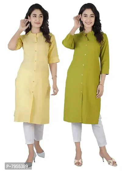 AARON INC Stand Coller Woman Cotton Plain Colour Kurti Pack of 2 Multicolour