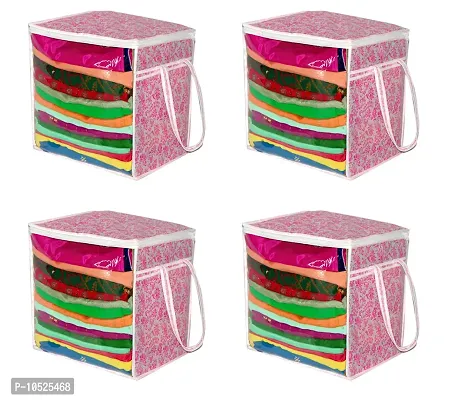 Non-Woven Fabric Pink Floral Print Front Transparent Window Multi Purpose Clothing, Saree and Suit Storage Bag With Zip- Pack Of 4-thumb0