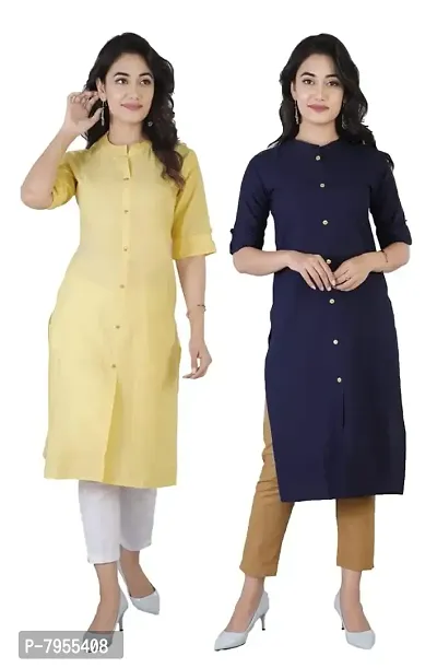 AARON INC Stand Coller Woman Cotton Plain Colour Kurti Pack of 2 Multicolour