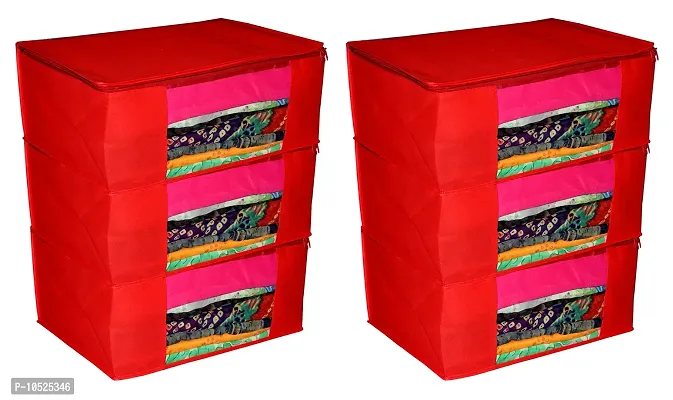 Multipurpose Wardrobe Organiser,Saree Cover,Regular Cloth Storage Bag in Heavy Non woven Material nbsp;nbsp;(Red) Pack of 6