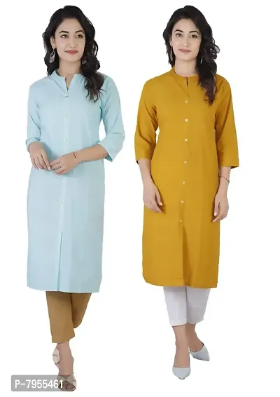 AARON INC Stand Coller Woman Cotton Plain Colour Kurti Pack of 2 Multicolour