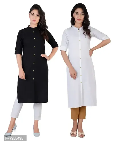 AARON INC Stand Coller Woman Cotton Plain Colour Kurti Pack of 2 Multicolour