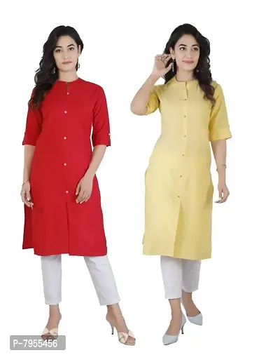 AARON INC Stand Coller Woman Cotton Plain Colour Kurti Pack of 2 Multicolour