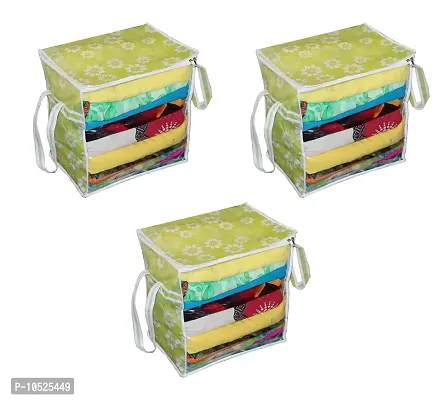 Non-Woven Fabric Yellow Floral Print Front Transparent Window Multi Purpose Clothing, Saree and Suit Storage Bag With Zip- Pack Of 3