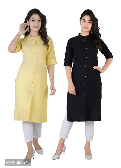 AARON INC Stand Coller Woman Cotton Plain Colour Kurti Pack of 2 Multicolour