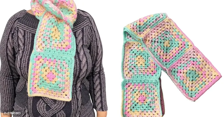 Stylish Handknitted Square Style Scarf Stole Multicolor Made With Soft Cotton Wool Mufflers