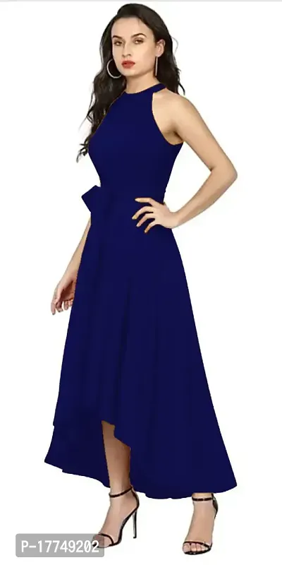 Stylish Navy Blue Viscose Rayon Solid Fit And Flare Dress For Women-thumb2