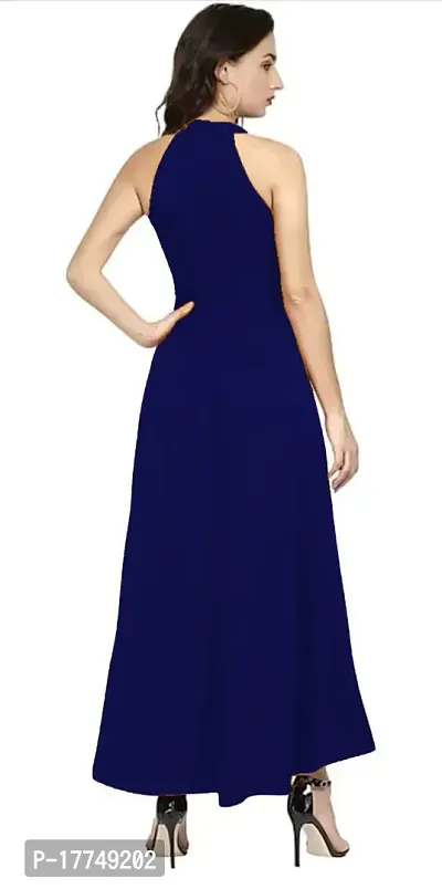 Stylish Navy Blue Viscose Rayon Solid Fit And Flare Dress For Women-thumb3