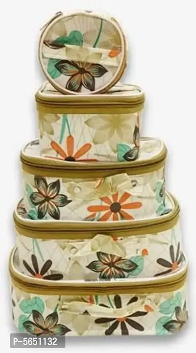 Stylish Fabric Set Of 5  Floral Printed Khaki Vanity Box