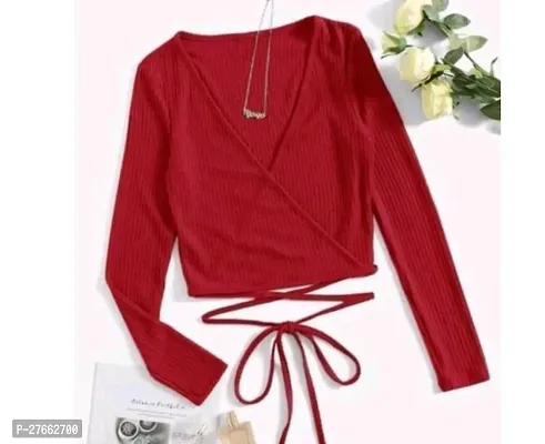 Fancy Red Poly Chiffon Solid Top For Women