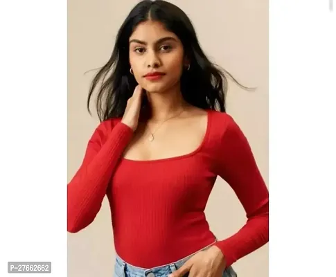 Fancy Red Cotton Blend Solid Top For Women