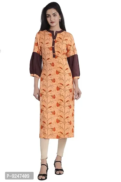 JAIPUR ATTIRE Women's Rayon Floral Pattern Banded Collar Calf Length Kurta(JA1448, Orange,)-thumb0