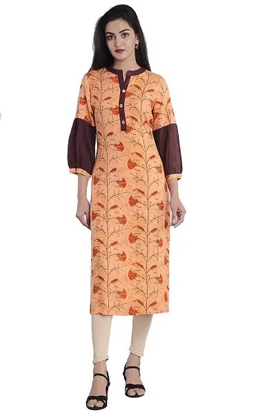 JAIPUR ATTIRE Women's Rayon Floral Pattern Banded Collar Calf Length Kurta(JA1448, Orange,)