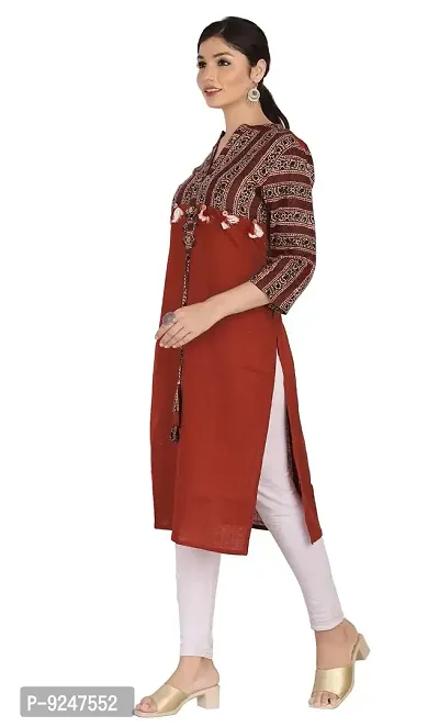 JAIPUR ATTIRE Women's Cotton Slub Printed V-Neck Knee Length Kurta ( Maroon, Medium)-thumb2