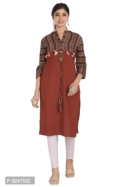 JAIPUR ATTIRE Women's Cotton Slub Printed V-Neck Knee Length Kurta ( Maroon, Medium)-thumb0