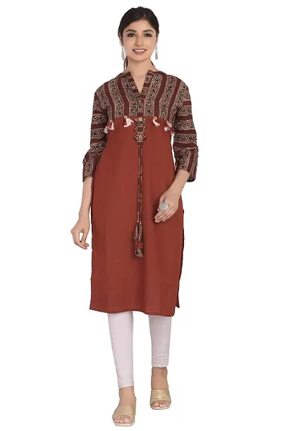 JAIPUR ATTIRE Women's Slub V-Neck Knee Length Kurta ( Maroon, Medium)