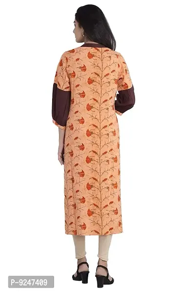 JAIPUR ATTIRE Women's Rayon Floral Pattern Banded Collar Calf Length Kurta(JA1448, Orange,)-thumb2