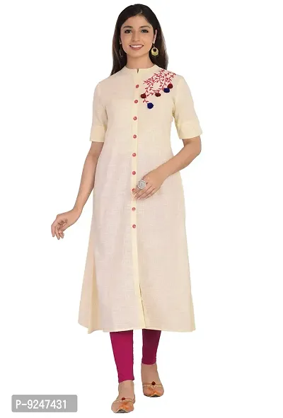 JAIPUR ATTIRE Women's Cotton Slub Embroidered Pattern Collar Neck Calf Length Kurta(JSF54)-thumb0