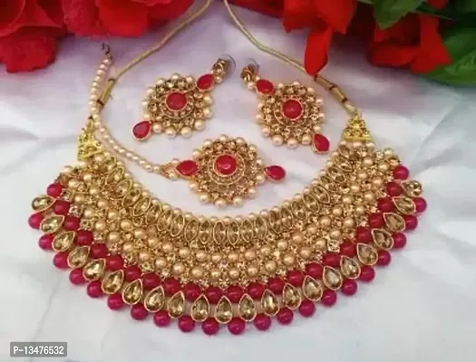 MARVELOUS ARTS - Traditional Indian Gold Plated Kundan Chocker Necklace Set for Women (Red)-thumb0