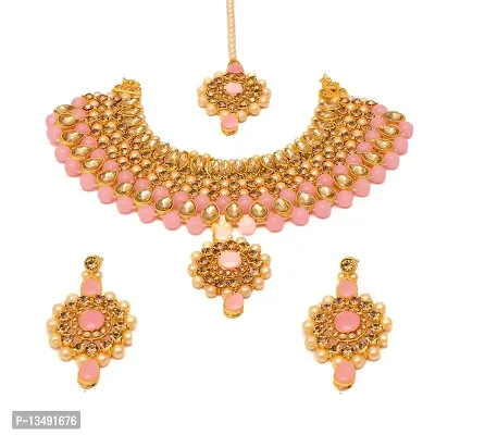 MARVELOUS ARTS - Gold Plated Pearl Choker Necklace, Jewellery Set Wedding Collection for Women & Girls (Pink)-thumb0