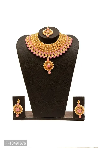 MARVELOUS ARTS - Gold Plated Pearl Choker Necklace, Jewellery Set Wedding Collection for Women & Girls (Pink)-thumb2