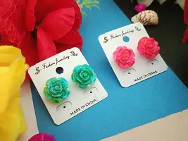 Shimmering Alloy Mini Rose Flower Top Earrings For Women And Girls- 5 Pairs, Random Color-thumb2