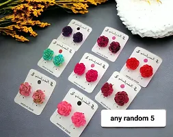 Shimmering Alloy Mini Rose Flower Top Earrings For Women And Girls- 5 Pairs, Random Color-thumb3