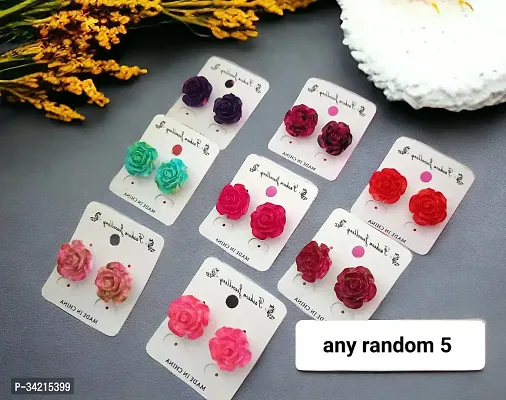 Shimmering Alloy Mini Rose Flower Top Earrings For Women And Girls- 5 Pairs, Random Color-thumb4