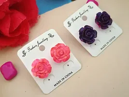 Shimmering Alloy Mini Rose Flower Top Earrings For Women And Girls- 5 Pairs, Random Color-thumb1