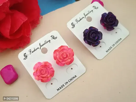 Shimmering Alloy Mini Rose Flower Top Earrings For Women And Girls- 5 Pairs, Random Color-thumb2