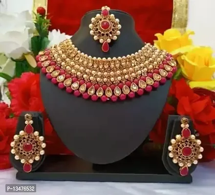 MARVELOUS ARTS - Traditional Indian Gold Plated Kundan Chocker Necklace Set for Women (Red)-thumb2