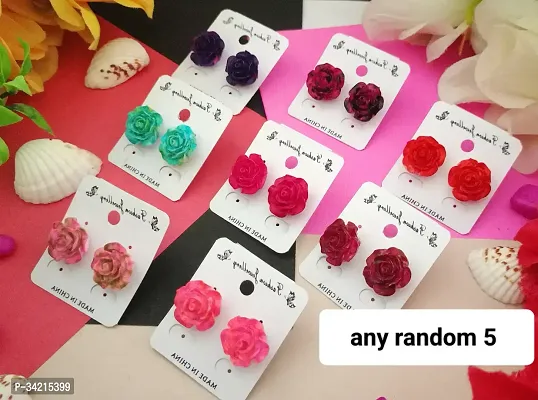 Shimmering Alloy Mini Rose Flower Top Earrings For Women And Girls- 5 Pairs, Random Color-thumb0