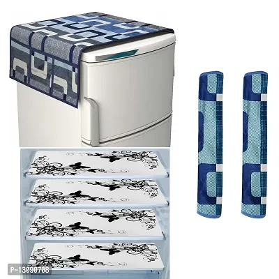 TRENDS TRACKER Combo Set of 1 Pc Fridge Top Cover with 6 Utility Pockets, 2 Pc Fridge Handle Cover and 4 Pc Fridge Mats (Blue Butterfly) Set of 7.