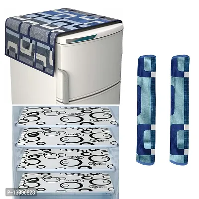 TRENDS TRACKER Combo Set of 1 Pc Fridge Top Cover with 6 Utility Pockets, 2 Pc Fridge Handle Cover and 4 Pc Fridge Mats (Blue Circle) Set of 7.-thumb0