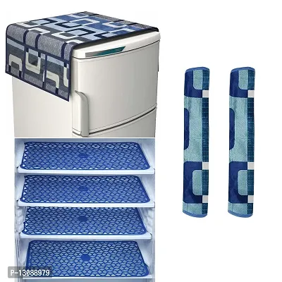 TRENDS TRACKER Combo Set of 1 Pc Fridge Top Cover with 6 Utility Pockets, 2 Pc Fridge Handle Cover and 4 Pc Fridge Mats (Blue top & jali) Set of 7.