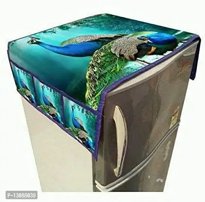 TRENDS TRACKER 3-Layered Digital Peacock Print Fridge Top Cover/Refrigerator Cover With 6 Utility Pockets (Color-Blue, Size-39x21 Inches)