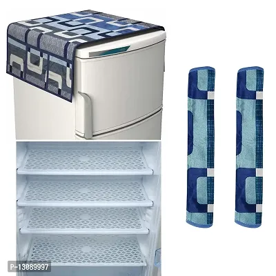 TRENDS TRACKER Combo Set of 1 Pc Fridge Top Cover with 6 Utility Pockets, 2 Pc Fridge Handle Cover and 4 Pc Fridge Mats (Blue, White Jali) Set of 7.