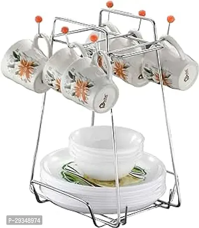 Metal Cup and Saucer Display Stand with 6 Hooks Hanger Rack for Kitchen Organizer Stand Only