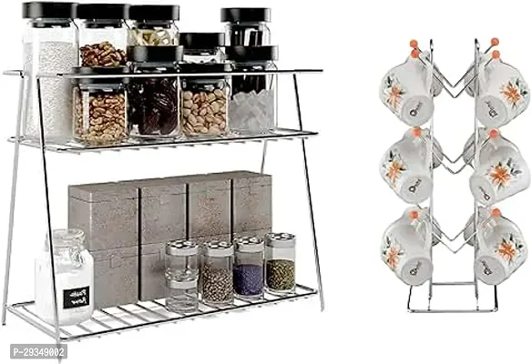 STANDIFY Stainless Steel Standing Organizer 2 Layer Spice Rack for Kitchen Shelf Rack Multipurpose Storage Rack for Kitchen and with V Shape Cup Stand 12 Hooks Self Rack Storage Combo Of 2