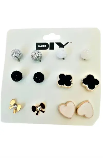 Back and White Dashing Star and Round Set of 6 Stud Earrings