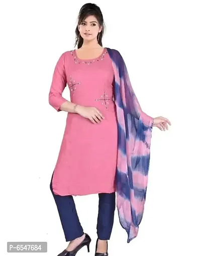 Alluring Pink Rayon Embroidered Kurta with Pant And Dupatta Set For Women-thumb0