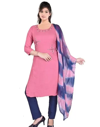 Alluring Pink Rayon Embroidered Kurta with Pant And Dupatta Set For Women