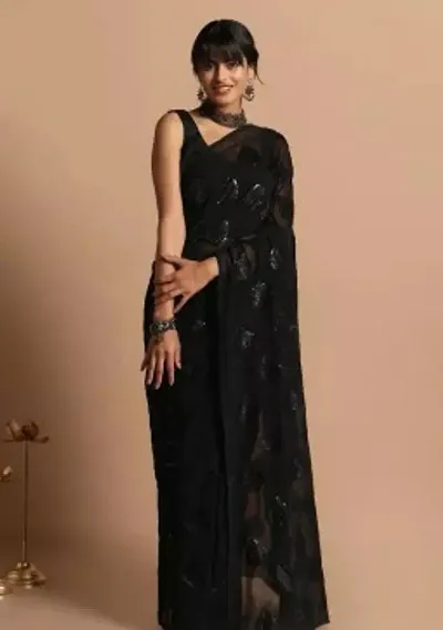 NILKANTH ENTERPRISE Womens Net Embellished Black Saree