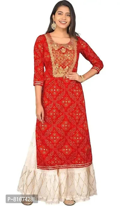 Women Rayon Straight Printed Kurti With Sharara Set (Red Cream)-thumb0