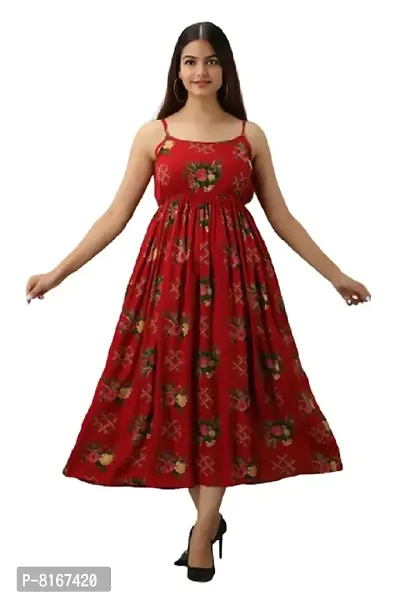 Women Rayon Long Printed Sleeveless Gown || Rayon Long Printed Sleeveless Gown for Women & Girls (Red-M)-thumb0